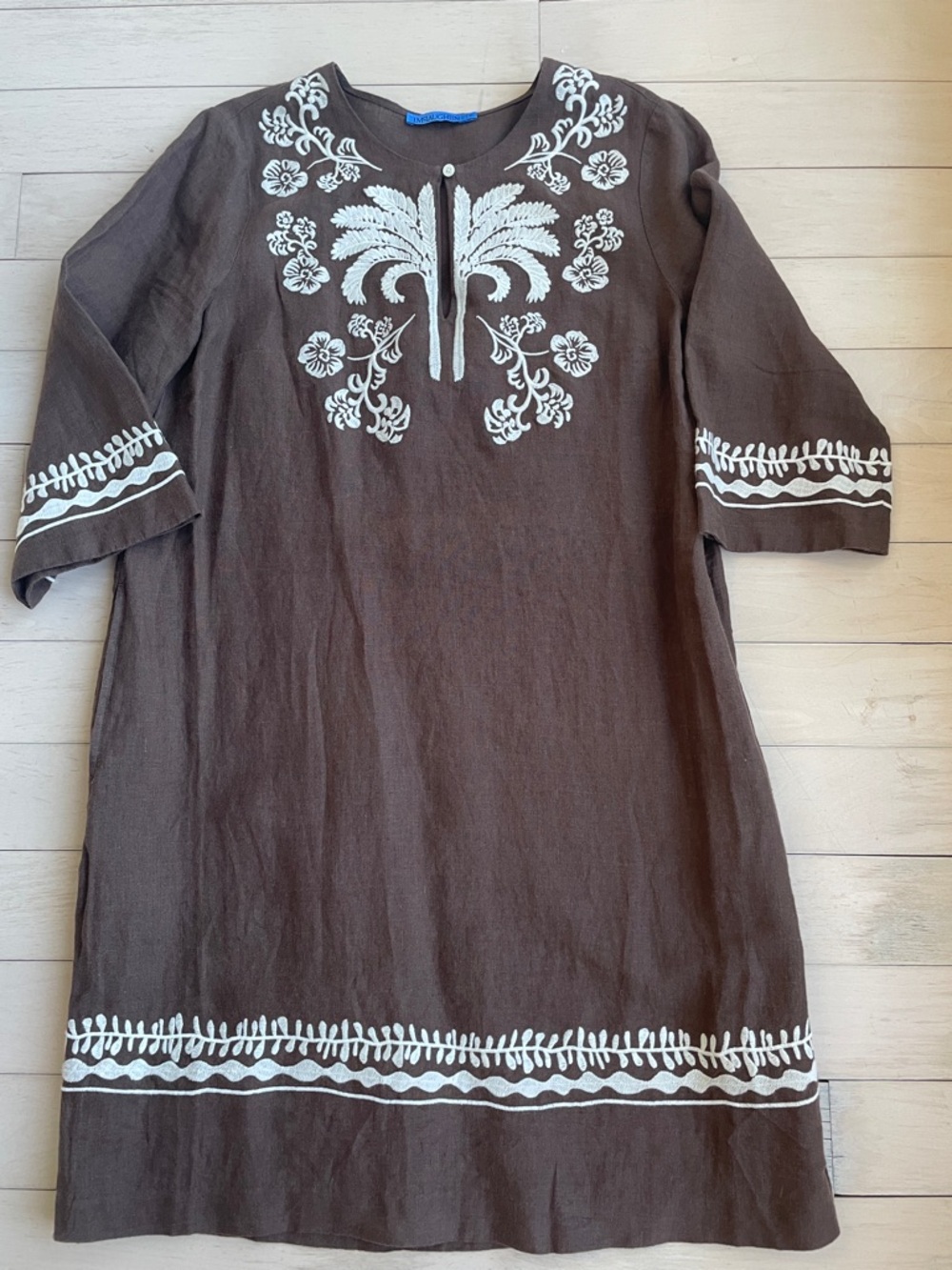 J. McLaughlin Brown Linen Tunic Dress with White Embroidery